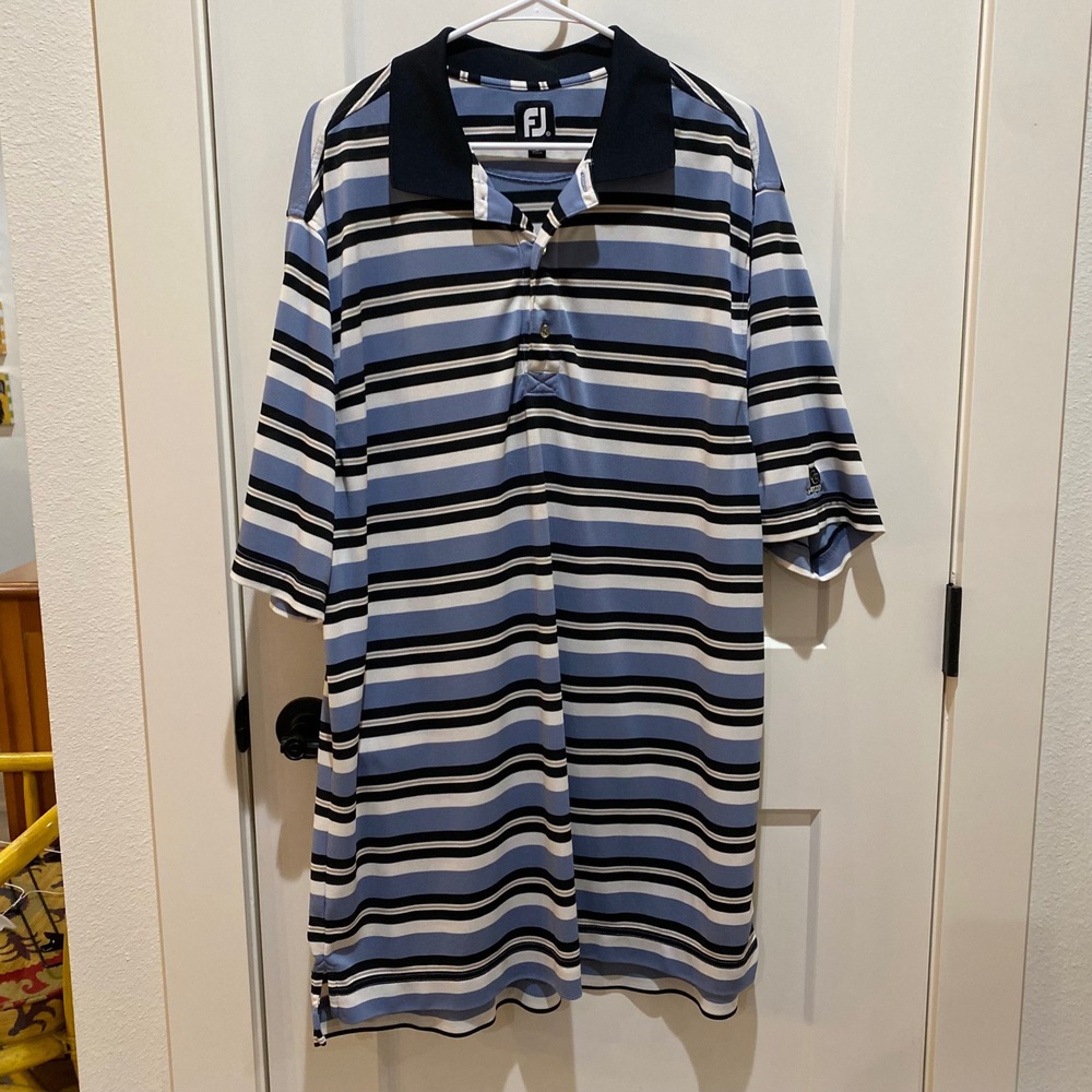 FootJoy Men's Short Sleeve Polo. XLT. Size Tag Missing. Black/Blue/White Stripes